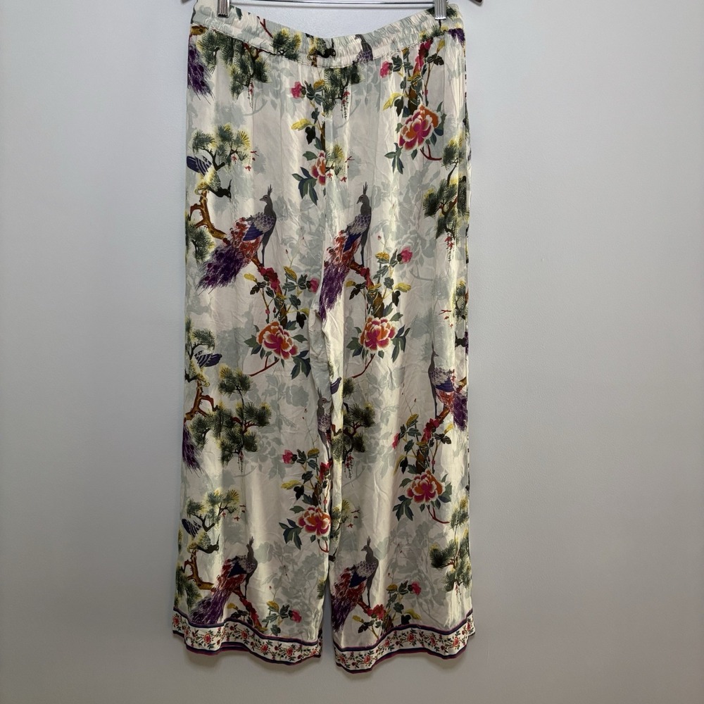 World Market Wide Leg Lounge Casual Pant L XL Peacock Floral Print Tropical Boho - Picture 2 of 11